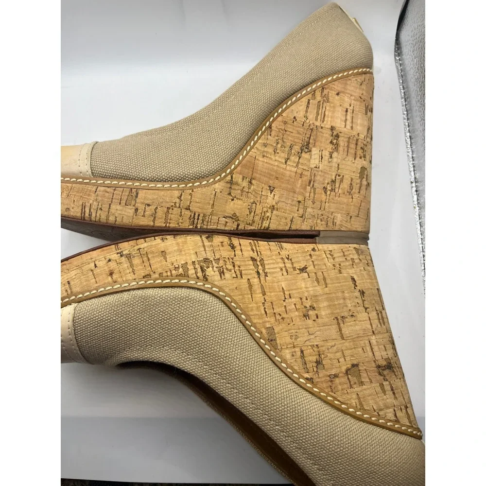 Tory Burch Canvas Leather Wedge‎ Heels Espadrille Cork Platform Shoes 8M